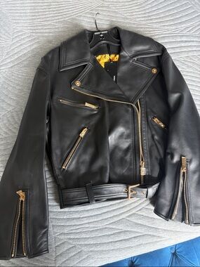 Versace Black Leather Biker Jacket with Gold Hardware
